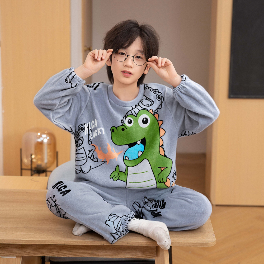 秋冬款加厚加绒男童男孩珊瑚绒睡衣法兰绒睡裤三四五六八十岁恐龙