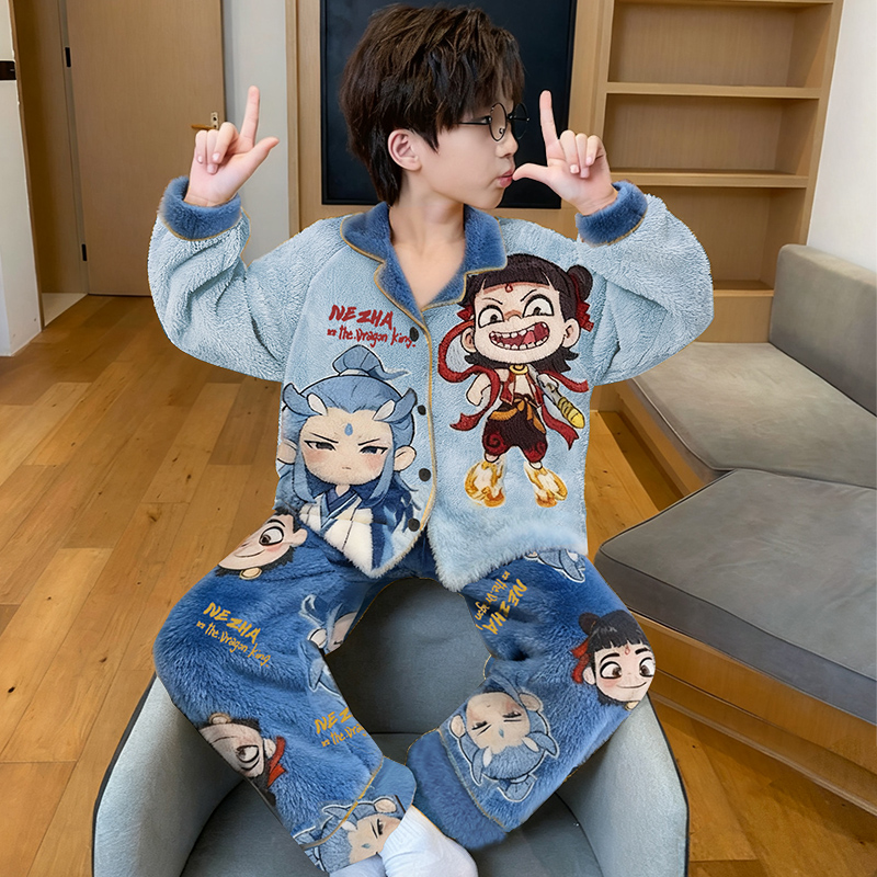 儿童哪吒敖丙睡衣男童加厚冬季男孩加绒冬天哪吒敖丙翻领开衫童装