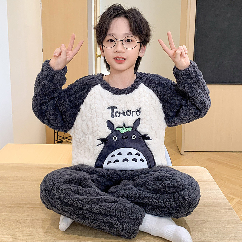 龙猫睡衣长袖睡裤长裤冬季法兰绒厚珊瑚绒3岁小孩4宝宝5男童6学生