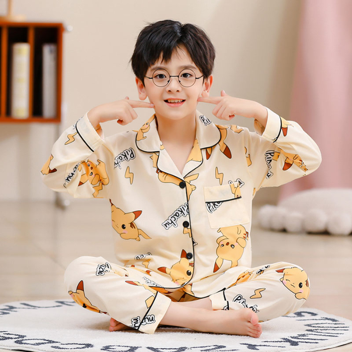 儿童宝可梦皮卡丘睡衣男孩春秋长袖开衫中大童三四五六七八九十岁