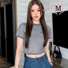 M家高定miu系23早秋新满钻blingbling短袖t恤女圆领纯欲上衣短款