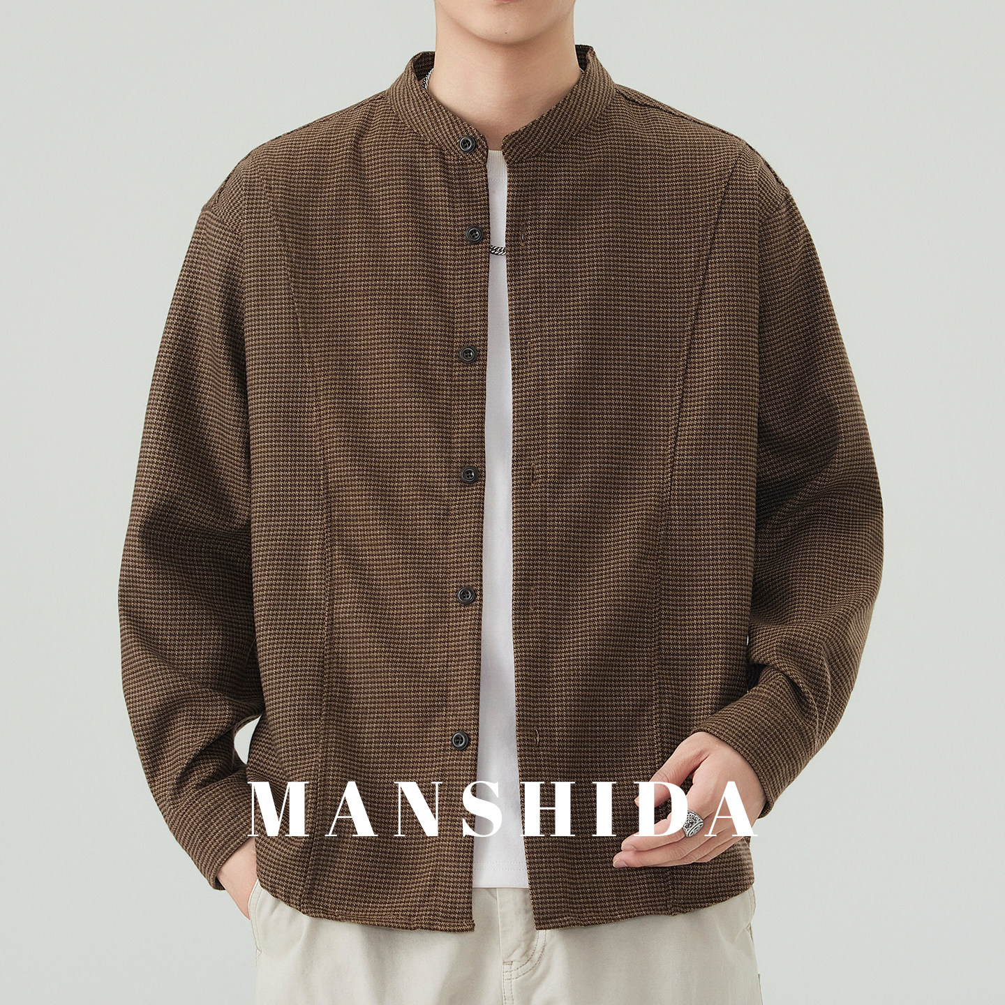 MSD日系千鸟格小立领秋冬衬衫男图片