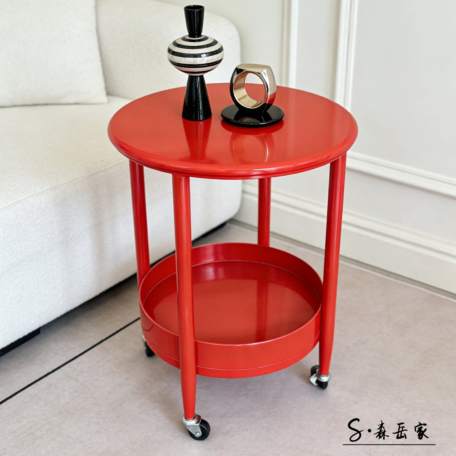 现代简约圆形边几双层可移动小推车红色客厅沙发边几置物架带轮子