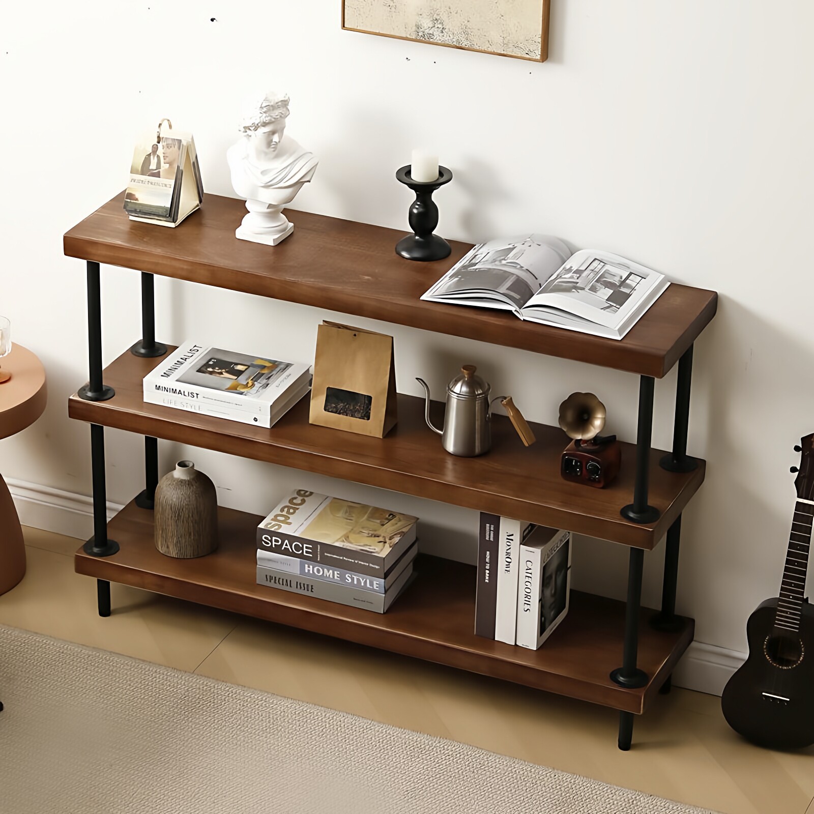 loft工业风实木置物架书架隔板架多层落地收纳架水管陈列展示货架