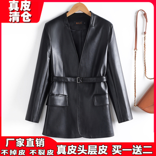 2025新款 V领西服系带收腰小风衣气质皮夹克外套 真皮皮衣女中长款