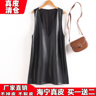 2025新款真皮马甲女中长款无袖外穿绵羊皮连衣裙宽松遮肚背心裙