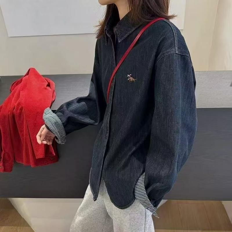 韩系复古小狗刺绣牛仔衬衫女2025冬季新款翻领小众打底