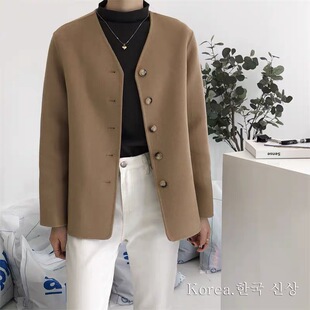 2023新韩版无领双面呢大衣女短款小个子单排扣羊毛毛呢外套春秋