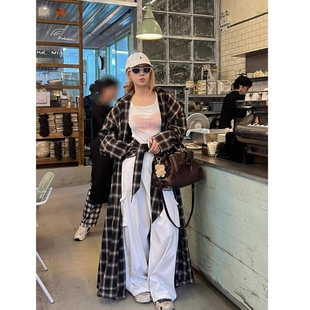 长外套 气质宽松格纹百搭酷飒高级设计感经典 欧美风衬衫 外套女时尚