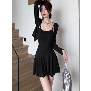 性感微透吊带连衣裙尚女神范气质短裙 低胸两件套装 韩版 春夏季