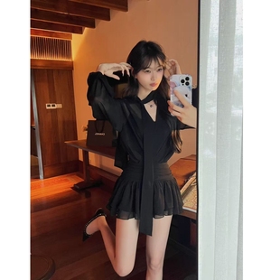 衬衫 连衣裙女夏季 雪纺显瘦短裙黑裙气质性感V领长袖 胖mm新款 大码