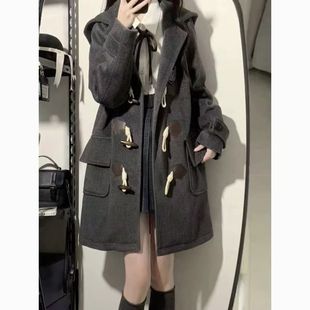 毛呢外套潮 外搭中长款 学院风复古连帽牛角扣呢子大衣女秋冬季 新款