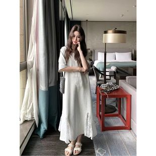 2025新款 女夏小个子气质显瘦超好看t恤裙灰色小众蕾丝拼接连衣裙