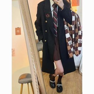 呢子大衣秋冬黑色双排扣毛呢小个子日系大衣学院中长款 高级外套女