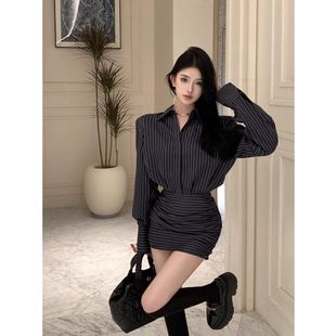 秋季 连衣裙女装 收腰衬衣裙子复古气质御姐风包臀短裙 衬衫 条纹长袖