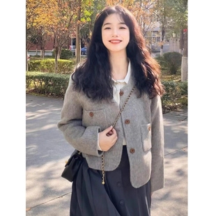 外套设计感小个子开衫 小香风超好看毛呢短款 上衣 灰色时尚 2025冬季