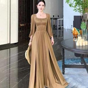 褶皱开叉长款 洋气公主风方口领收腰灯笼袖 连衣裙2025 上新法式 新品