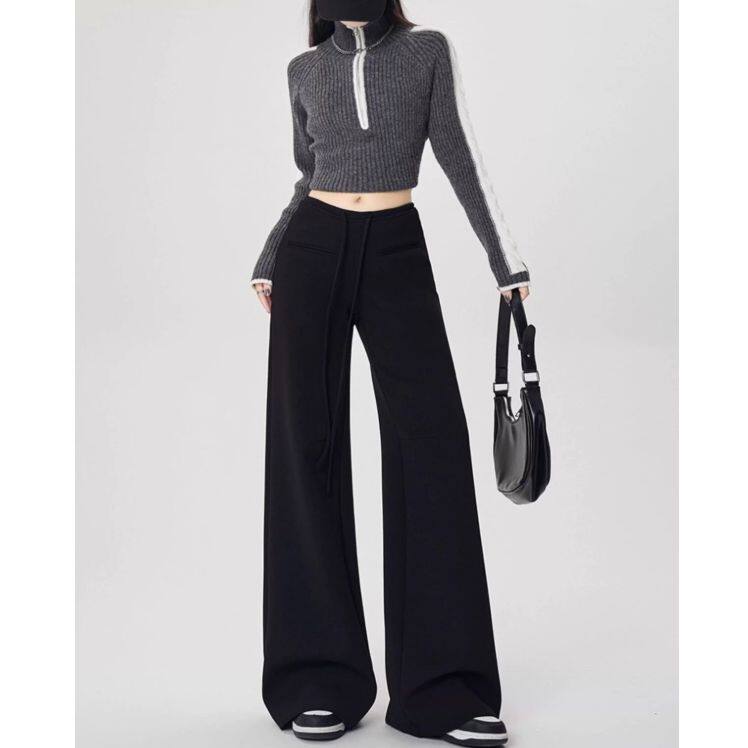 小个子148九分黑色运动阔腿卫裤女设计感抽绳休闲裤155拖地直筒裤