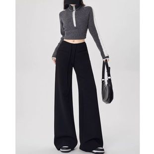 155拖地直筒裤 小个子148九分黑色运动阔腿卫裤 女设计感抽绳休闲裤