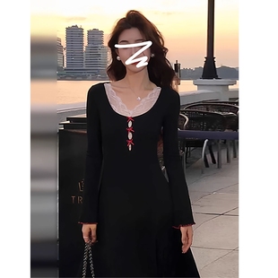 早秋冬黑色长袖 打底连衣裙女纯欲蕾丝拼接长裙显身材辣妹包臀裙子