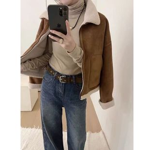 新款 欧货高级感皮毛一体羊羔毛外套女秋冬加厚翻领机车服夹克上衣