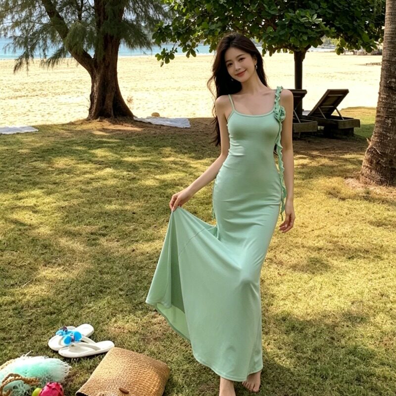 薄荷曼波绿色吊带连衣裙女夏季收腰修身裙子性感紧身包臀鱼尾长裙图片