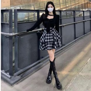 蝴蝶结上衣不规则格子束腰半身裙女两件套 女秋冬季 辣妹风时尚 套装