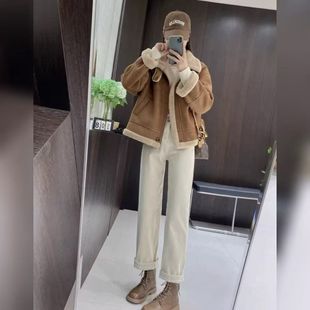 棉服 高级感小个子加厚保暖短款 盐系复古皮毛一体机车服女冬季 新款