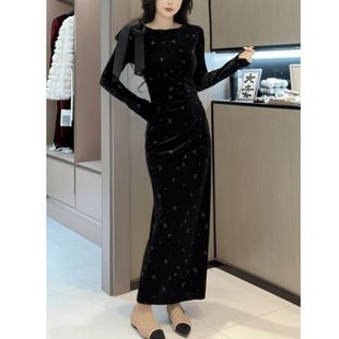 直筒开叉压褶长裙女 飘带印花丝绒连衣裙秋冬气质修身 秋冬新款 长袖