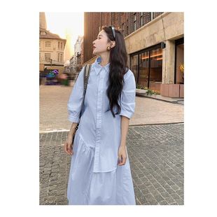 裙蓝色设计感连衣裙春秋女 衬衫 2025新款 轻熟风宽松休闲简约中长款