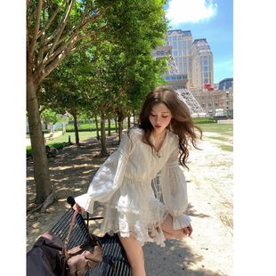 2025新款 气质连衣裙女不规则蛋糕裙潮 出游神片蛋糕裙白色长袖