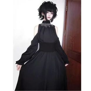 2025新款 秋冬古早赫本风雰囲気女子暗黑系露肩水钻连衣裙潮