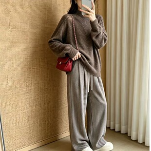 美式复古竖条纹休闲裤子男女款oversize慵懒垂感宽松直筒阔腿裤潮