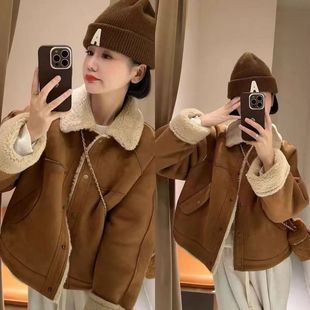 外套女秋冬款 宽松加厚保暖羊羔毛皮毛一体棉服上衣 美拉德穿搭短款