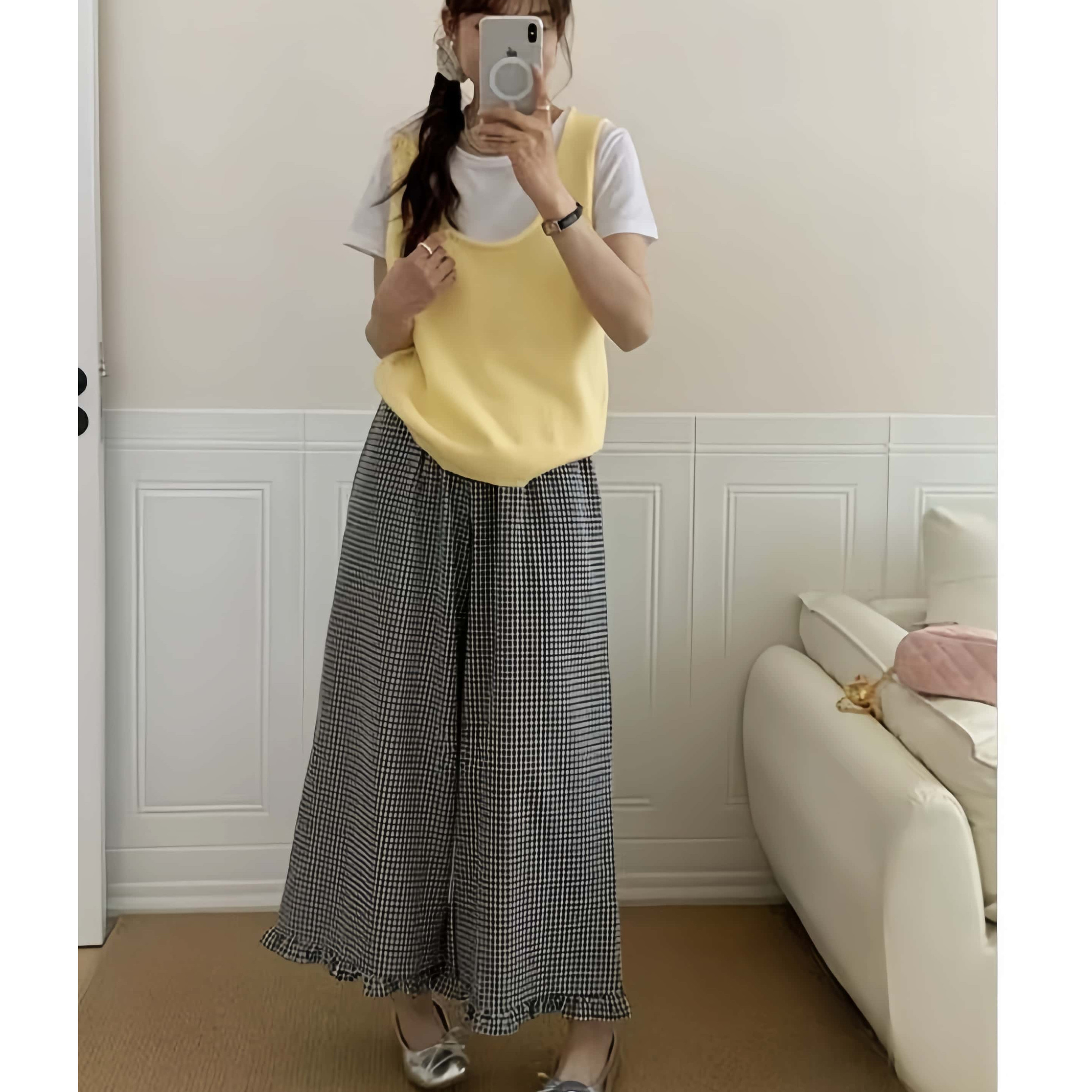 黑白格子裙裤女春秋2025新款高腰a字显瘦半身裙垂感小个子阔腿裤