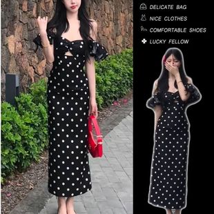 甜美复古波点一字肩连衣裙女夏季 高级感气质收腰显瘦露肩吊带长裙