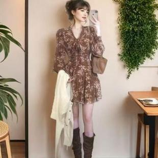 气质收腰显瘦蓬蓬裙女 连衣裙秋冬新款 法式 复古古着风碎花V领长袖