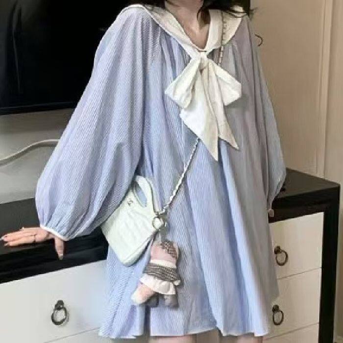 2025新款年秋季韩版气质条纹蕾丝拼接绑蝴蝶结娃娃领短款连衣裙女