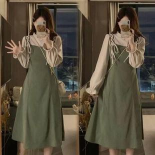连衣裙 胖mm2025春秋复古高级感收腰显瘦温柔风假两件长袖 大码 女装