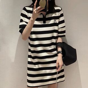 官图95棉5氨纶大码polo领条纹短袖t恤中长款爆连衣裙
