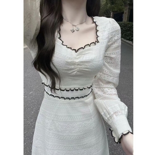 复古新款 秋季 气质长裙温柔超仙 方领蕾丝连衣裙2025长袖 法式