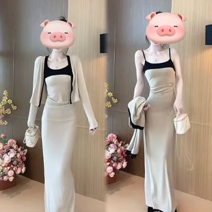 两件套气质包臀连衣裙 开衫 今年新款 设计感收腰褶皱内搭吊带裙长袖