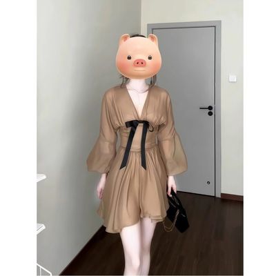 大码胖mm性感纯欲风蝴蝶结v领长袖连衣裙夏季新款高级感气质长裙