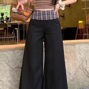 宽松小个子垂感高级感休闲长裤 女2025薄款 阔腿裤 黑色格子拼接西装