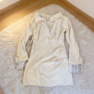 小心机露肩设计收腰显瘦短裙子 新款 纯欲气质白色衬衫 连衣裙女秋季