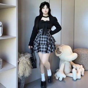 束腰半身裙两件套秋季 爆款 微胖mm显瘦蝴蝶结性感打底上衣 女装 新款