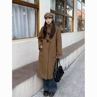 赫本风牛角扣呢子大衣女休闲秋冬新款 毛呢外套小个子高级感中长款