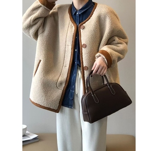 宽松 小个子韩版 颗粒绒皮毛一体羊羔毛外套女圆领撞色冬季 加绒短款