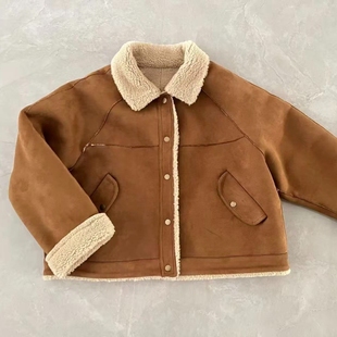 外套女秋冬款 宽松加厚保暖羊羔毛皮毛一体棉服上衣 美拉德穿搭短款