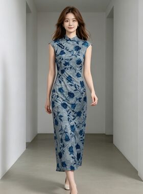 2026夏季女装蓝色花朵立领盘扣连衣裙子复古新中式轻国风改良旗袍